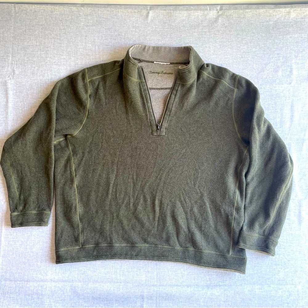 Tommy Bahama 1/4 Zip Sweater Men’s XL Ribbed Knit Cotton Pull Over Olive Green